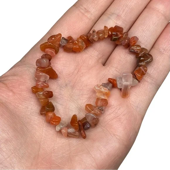 Carnelian Gemstone Chips Beaded Stretch Bracelet Stone Boho Beads Orange Beads - Picture 3 of 4